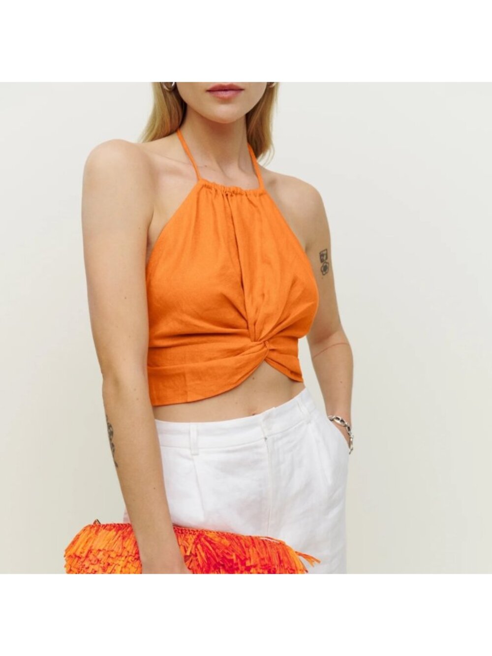 Reformation Meri 100% Linen Top Orange